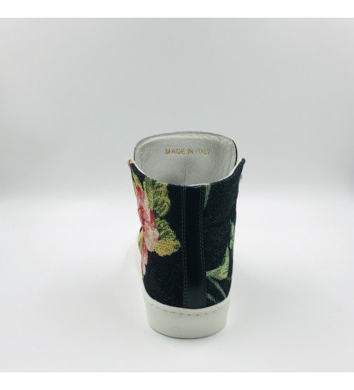 Handmade shoes Black Gobelin with Flowers and Green blank Leather